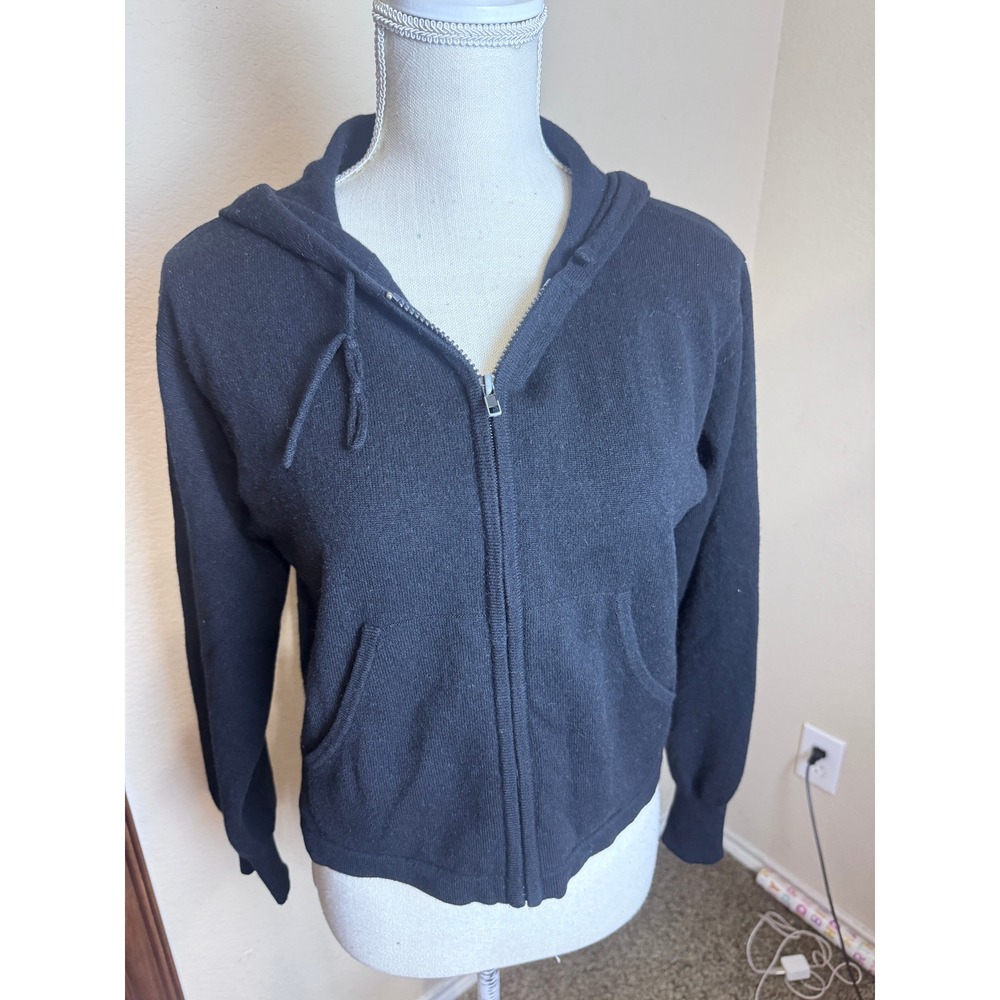 Black Cashmere Blend Full Zip Knit Hoodie Sweater cropped Minimalist sz M